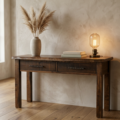 A rustic dark brown wooden console table with two drawers and metal handles, styled with a beige vase of pampas grass, books, and a glowing Edison-style table lamp against a textured beige wall and wood floor.