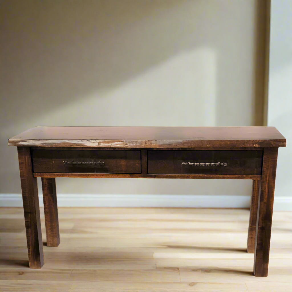 Wooden console table with two drawers on a white background