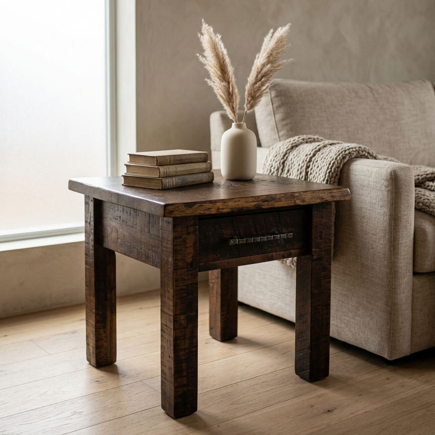 A rustic dark brown wooden end table with a single drawer, styled with a stack of books and a white vase containing pampas grass, positioned next to a beige sofa in a bright living room.