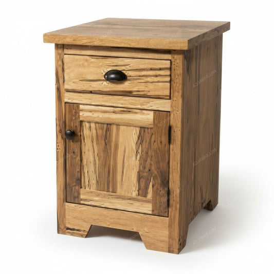 A rustic wooden nightstand with a single drawer and a lower cabinet door, featuring a natural wood grain finish and black metal knobs, shown on a white background.