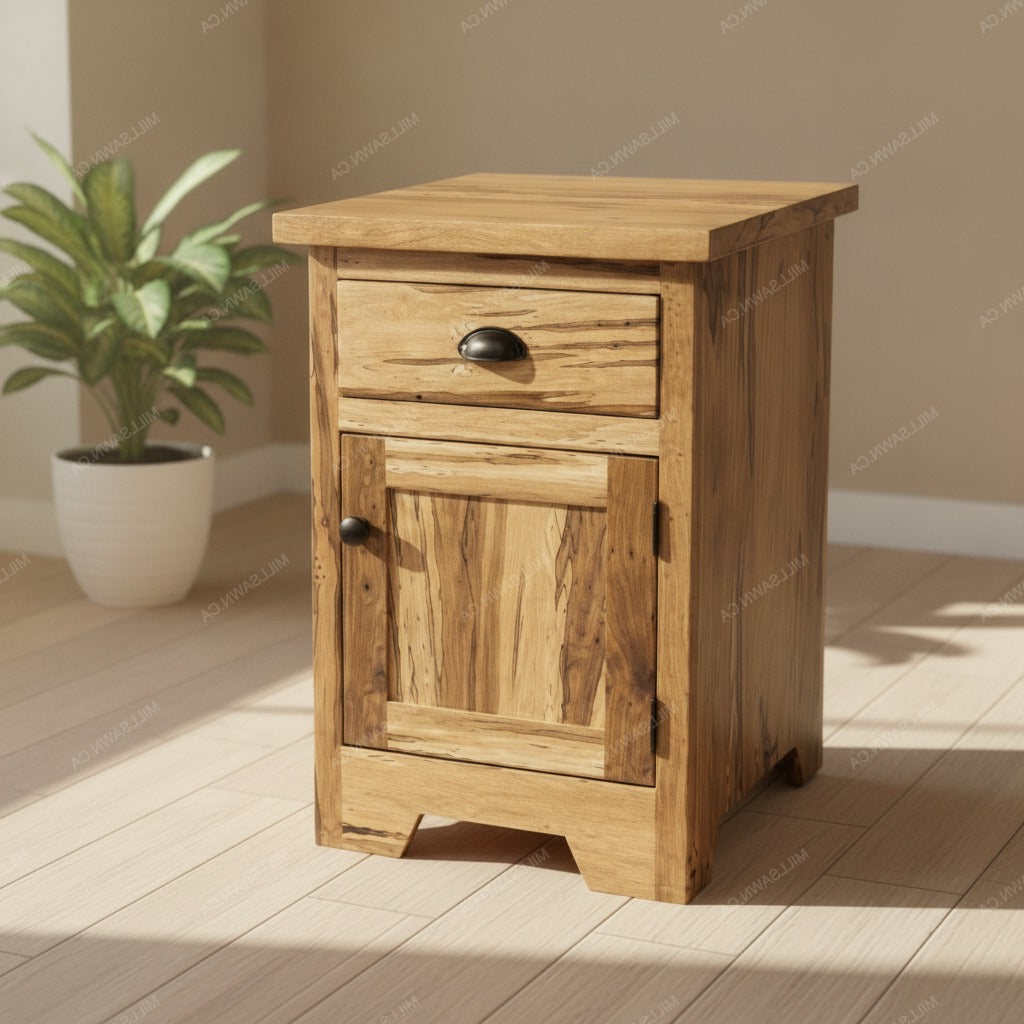 A rustic wooden nightstand with a single drawer and a cabinet door, shown in a styled room setting with a potted plant in the background.