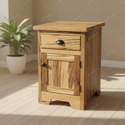 A rustic wooden nightstand with a single drawer and a cabinet door, shown in a styled room setting with a potted plant in the background.
