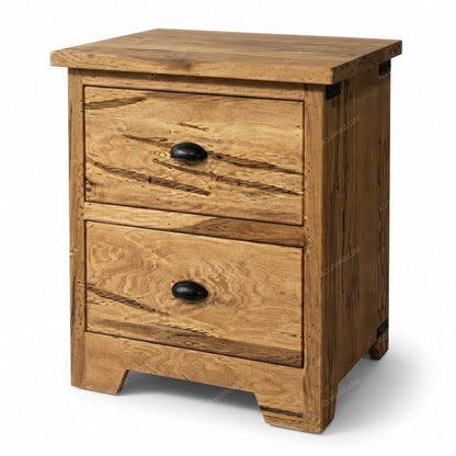 A rustic two-drawer wooden nightstand with a warm honey-brown finish, showcasing prominent wood grain and black metal drawer pulls, set against a plain white background.