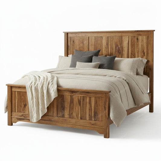 A rustic wooden bed frame with a slatted headboard and footboard, styled with beige linens, gray pillows, and a cream knit throw blanket, shown on a white background.