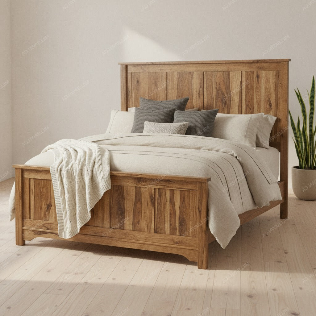 A rustic wooden bed frame with a tall slatted headboard and footboard, styled with neutral beige and gray bedding, pillows, and a cream throw blanket in a bright, modern bedroom.