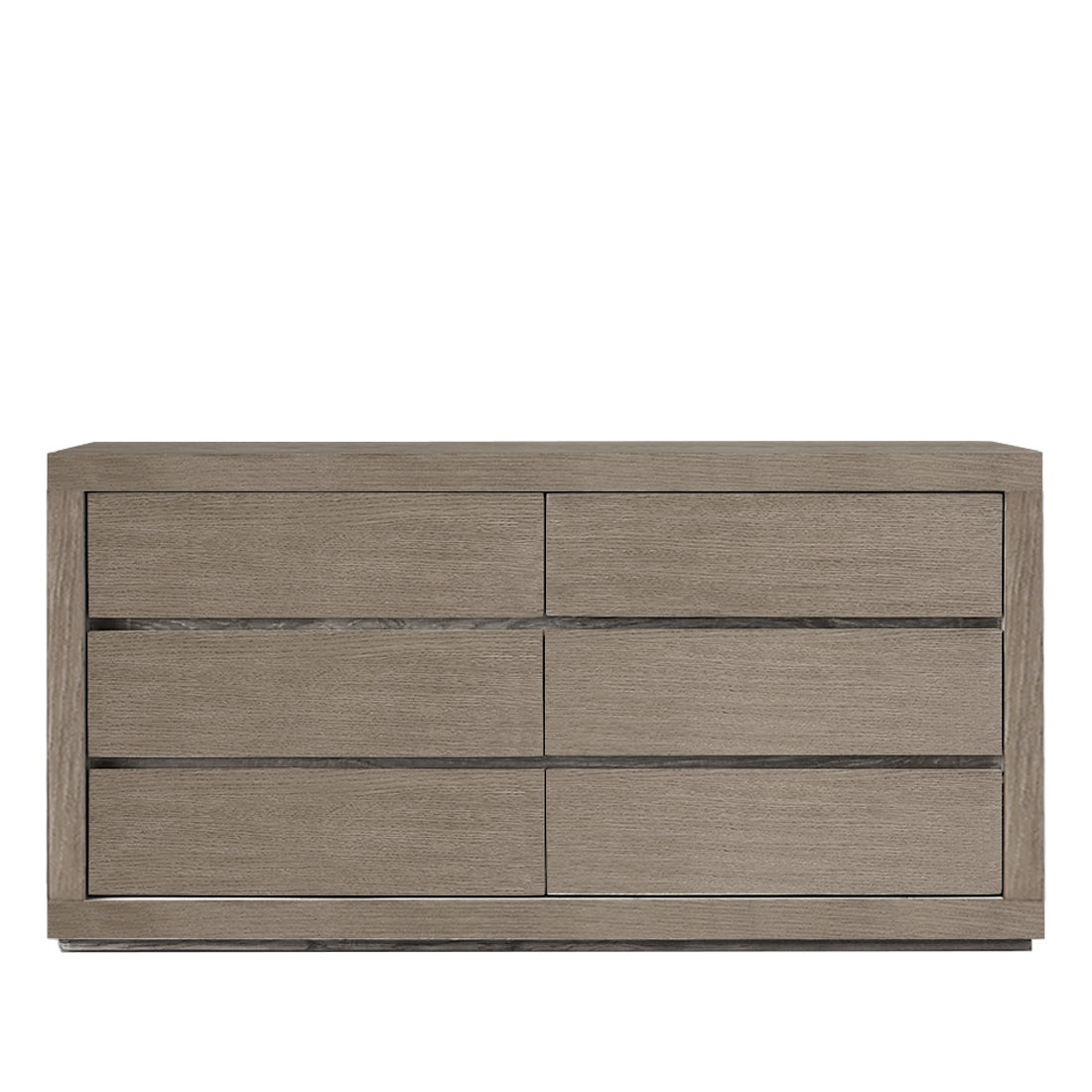 Wooden dresser with six drawers on a white background