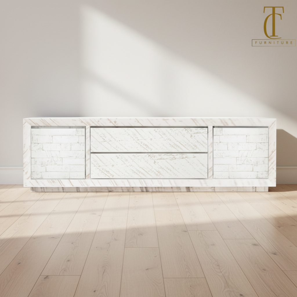 White marble-patterned sideboard in a minimalistic room with wooden floor and white walls.