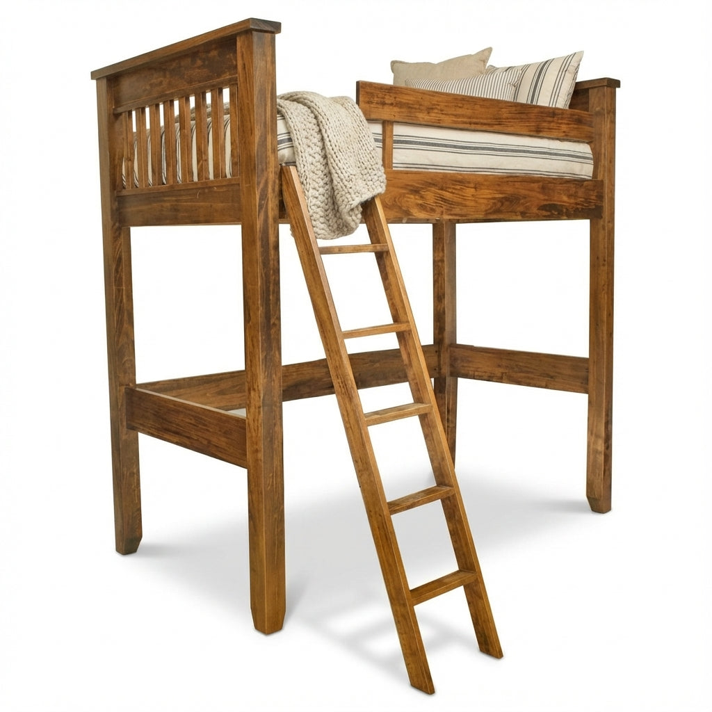 Wooden loft bed with ladder on a white background
