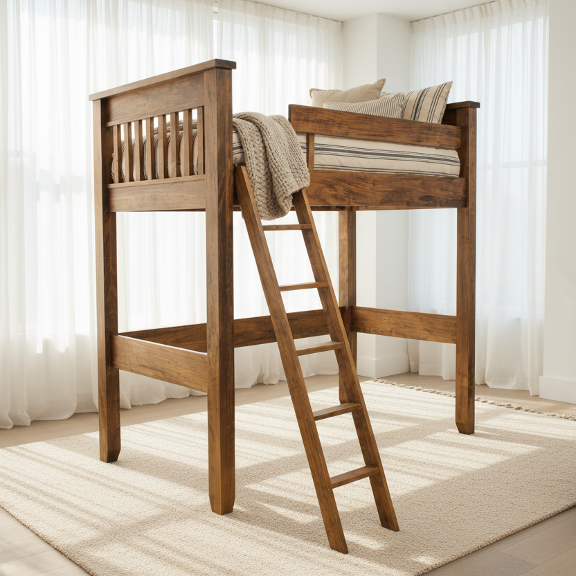 Wooden loft bed in a bright room with white curtains and a rug.