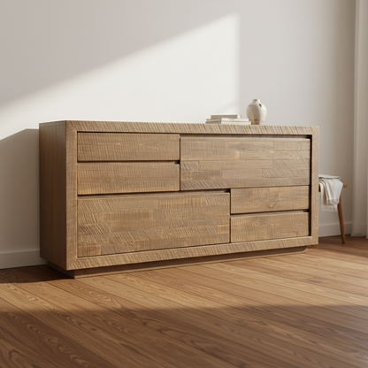 Wooden dresser with multiple drawers on a white background