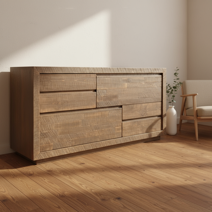 Wooden dresser with multiple drawers on a white background