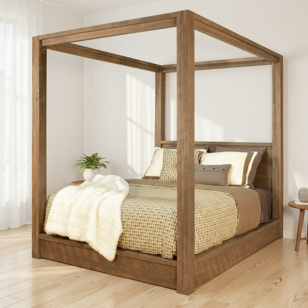 A brown wooden canopy bed made of wormy maple wood, with a platform bed structure and a centre support system, displaying a Millsawn surface texture.