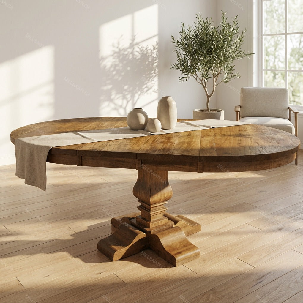 Heritage Round Single Pedestal Solid Wood Dining Table + 2-12" Centre Leaves
