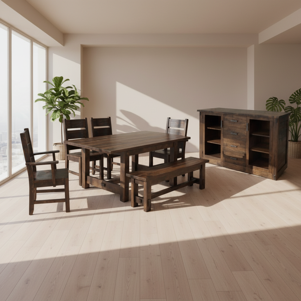 Dining set with table, chairs, bench, and cabinet on a white background