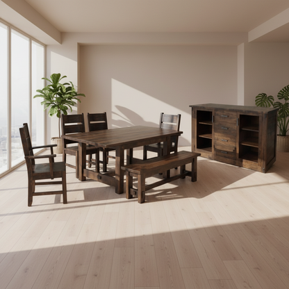 Dining set with table, chairs, bench, and cabinet on a white background