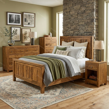 Wooden bedroom set with bed, dressers, and nightstands in a room with stone wall and large windows.