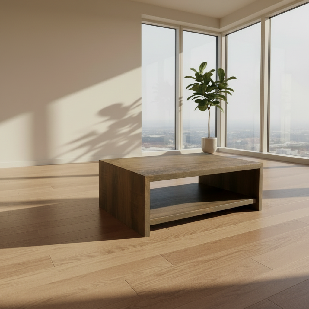 Wooden coffee table with a textured surface on a white background