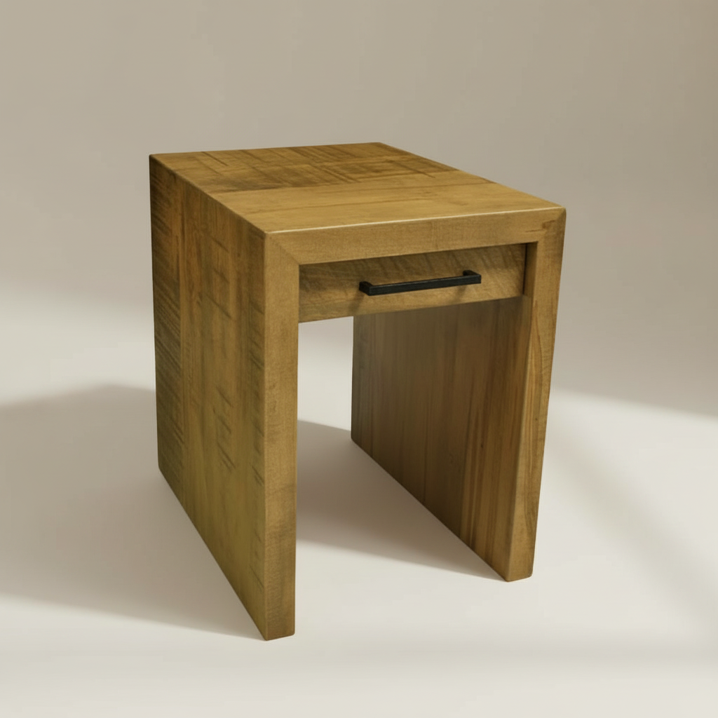 Wooden side table with a drawer on a white background