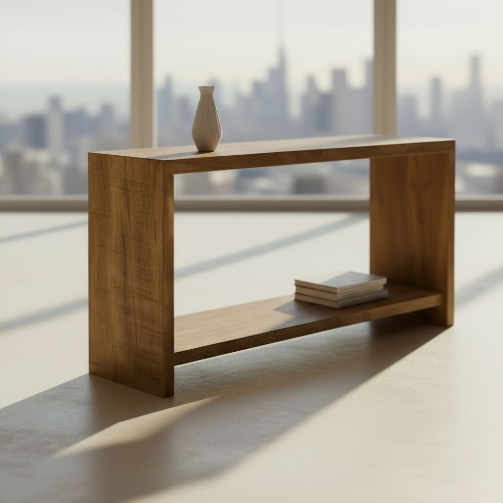 Wooden console table with a shelf on a white background