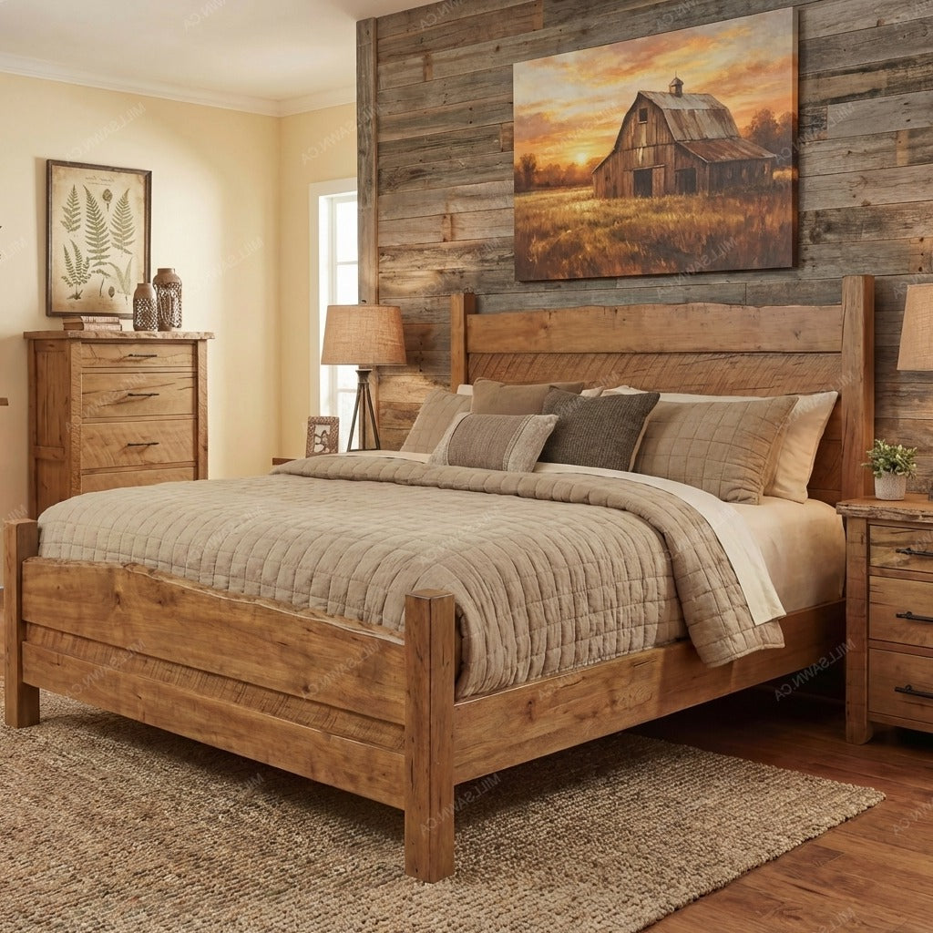 Wooden bed in a bedroom with rustic decor and artwork on the wall.