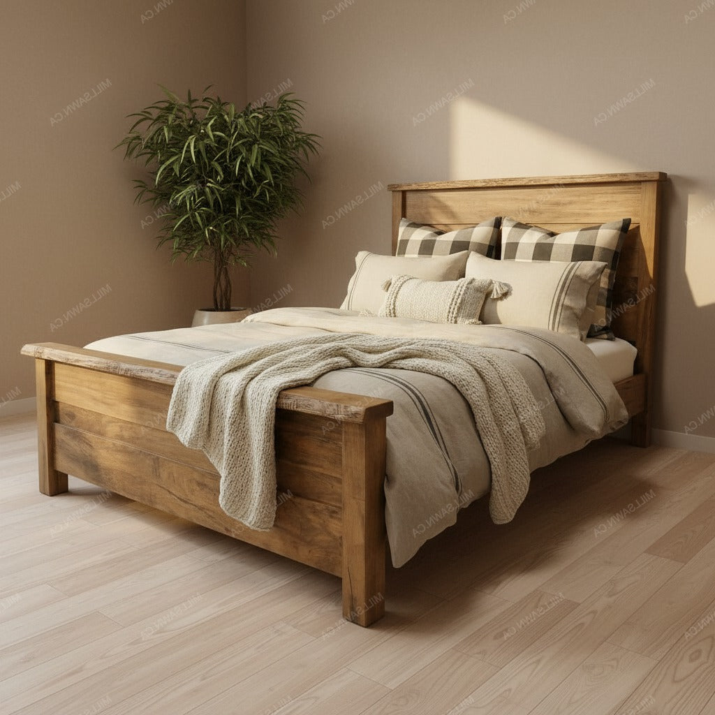 Wooden bed with plaid pillows and a blanket in a room with a plant on a beige wall.