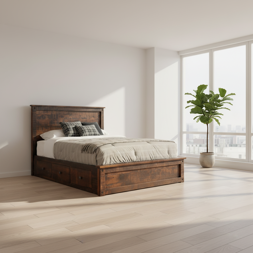 Wooden bed with storage drawers on a white background