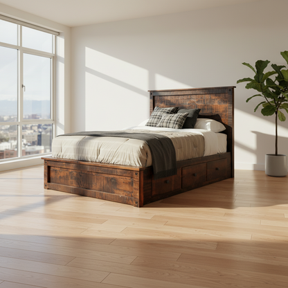 Wooden bed with storage drawers against a gray wall