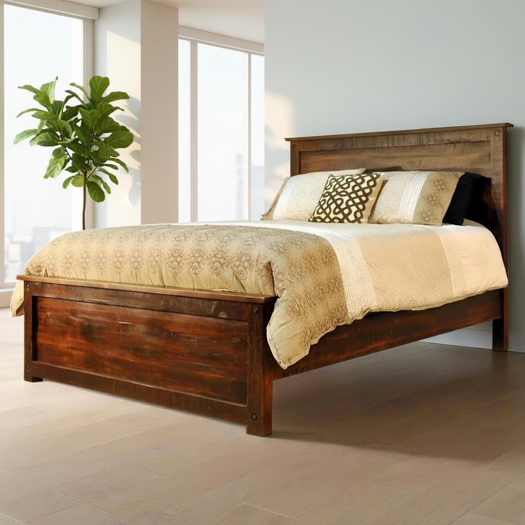 Wooden bed with beige bedding against a plain wall