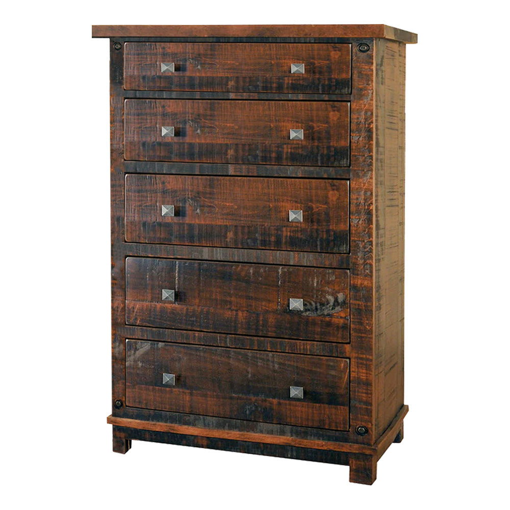 Wooden dresser with four drawers on a white background