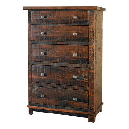 Wooden dresser with four drawers on a white background