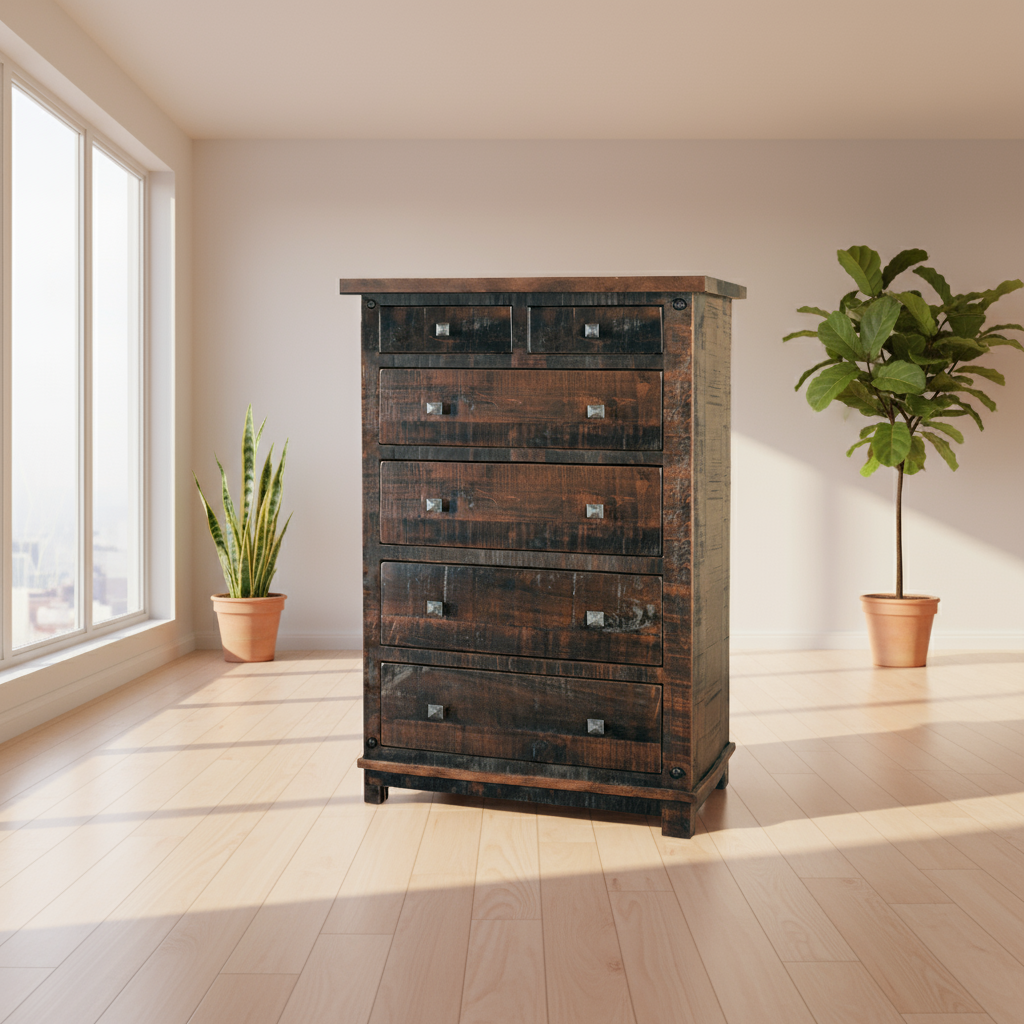Wooden dresser with multiple drawers on a white background
