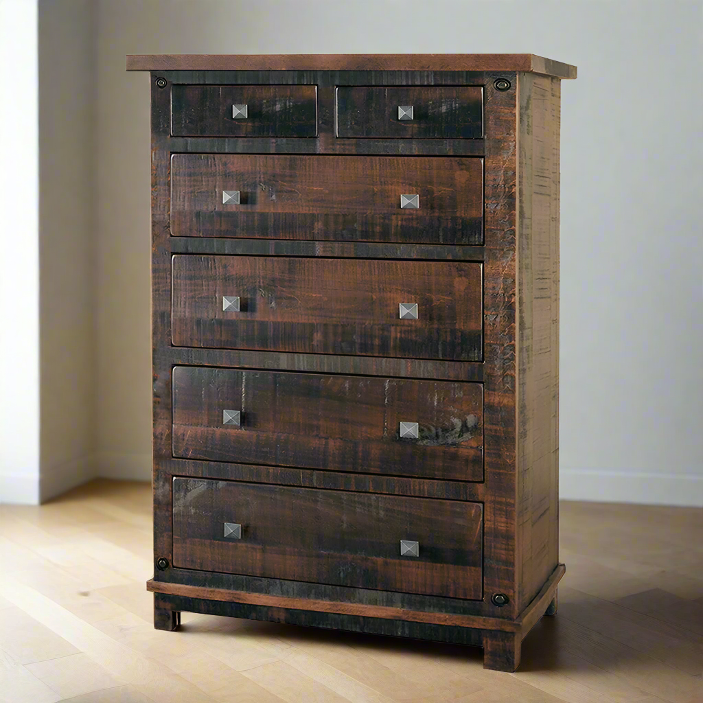 Wooden dresser with multiple drawers on a wooden floor.