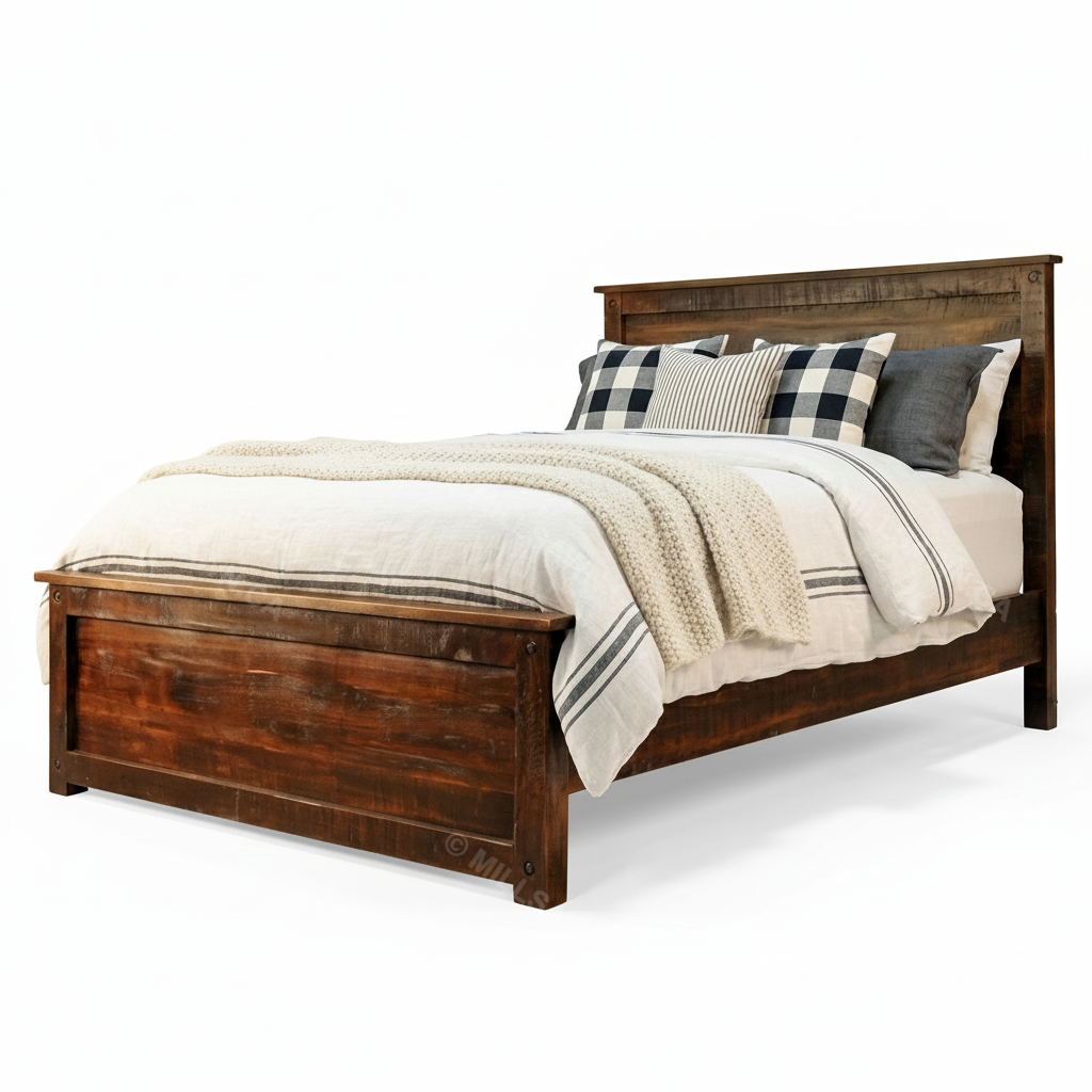 Wooden bed with plaid and striped bedding on a white background