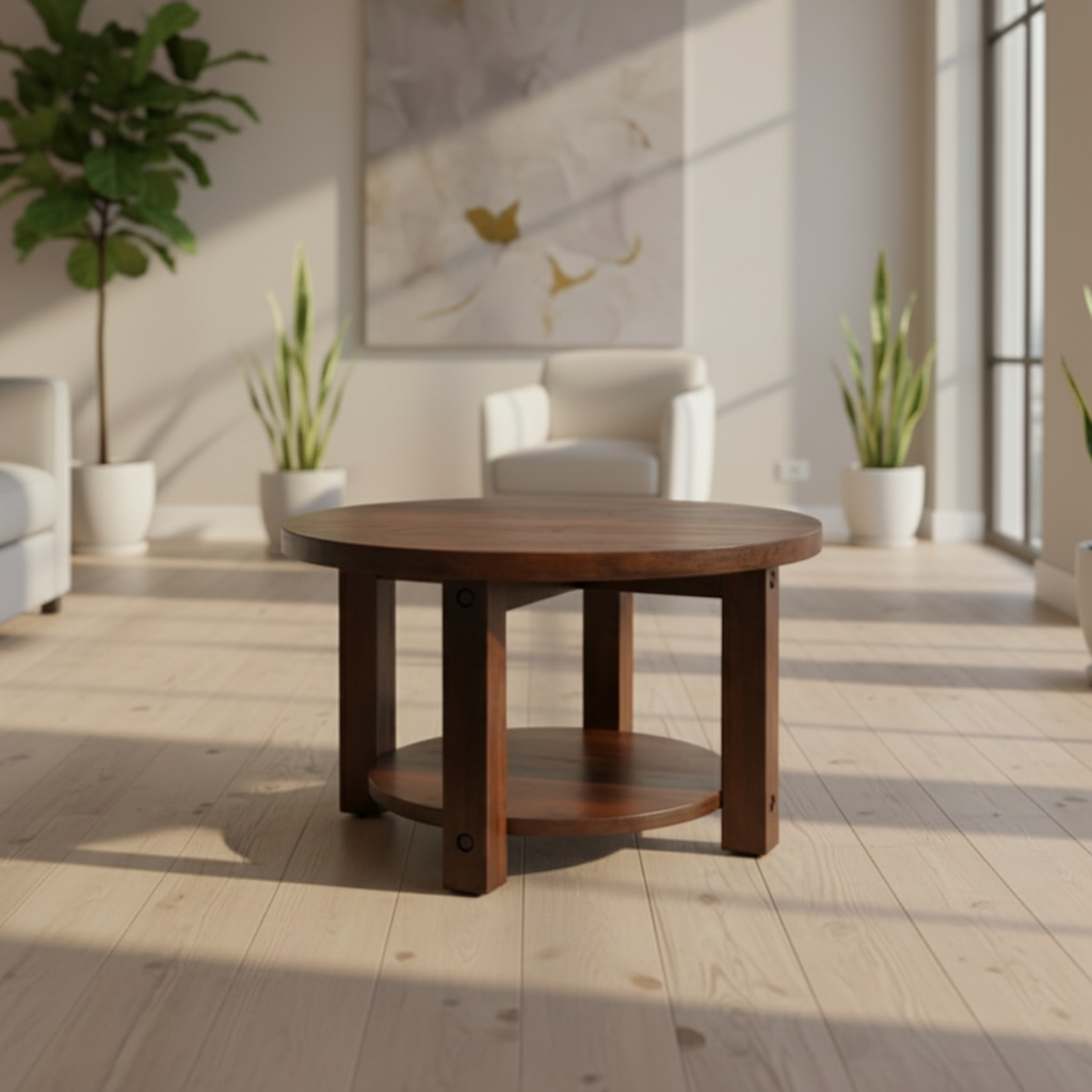 Round wooden table with a dark brown finish on a white background
