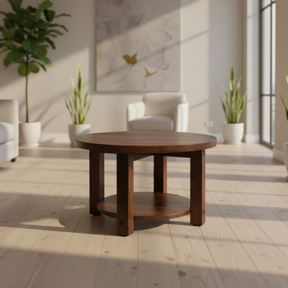 Round wooden table with a dark brown finish on a white background