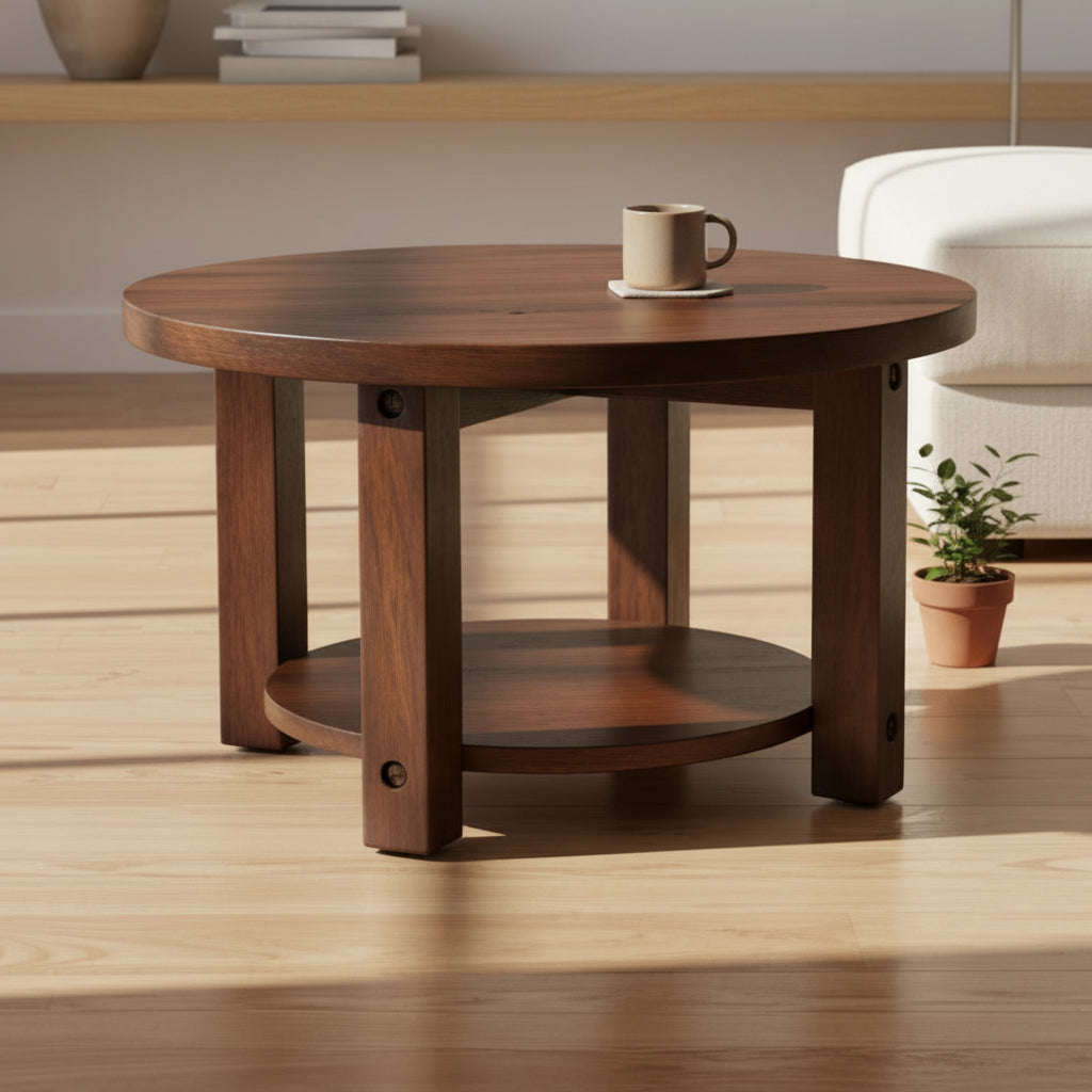 Round wooden table with a dark brown finish on a white background
