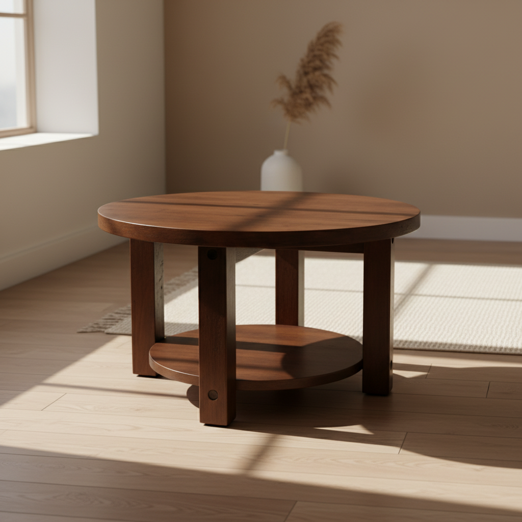Wooden round table in a room with sunlight streaming through a window.