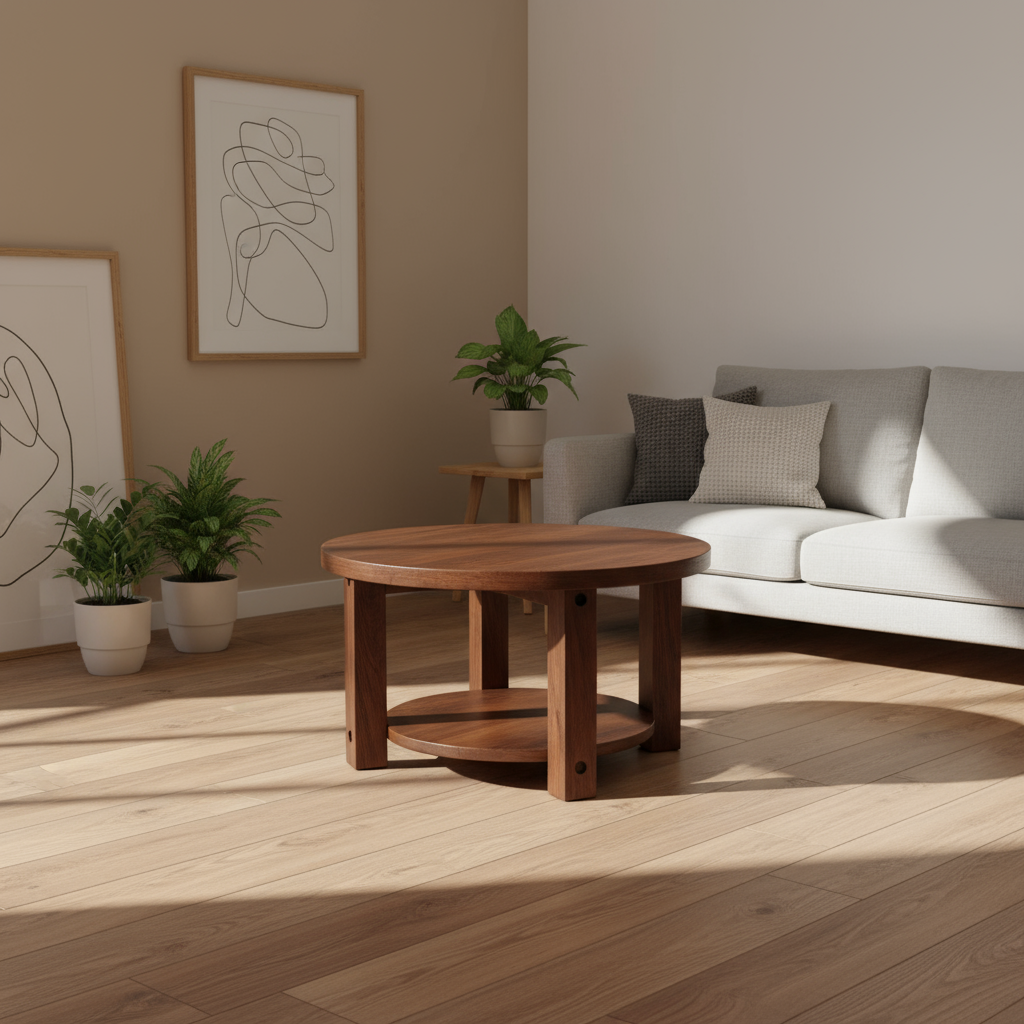 Round wooden table with a dark brown finish on a white background