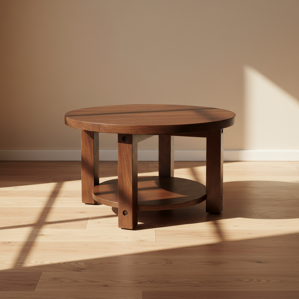 Wooden round table in a room with wooden floor and beige wall
