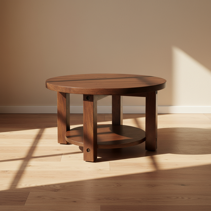 Wooden round table in a room with wooden floor and beige wall