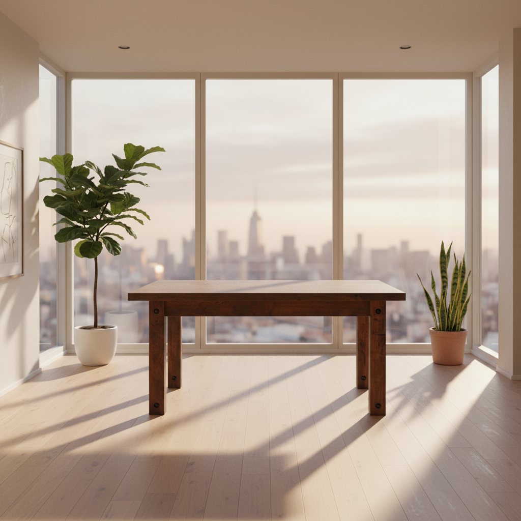 Wooden table with two potted plants in a room with large windows overlooking a cityscape.