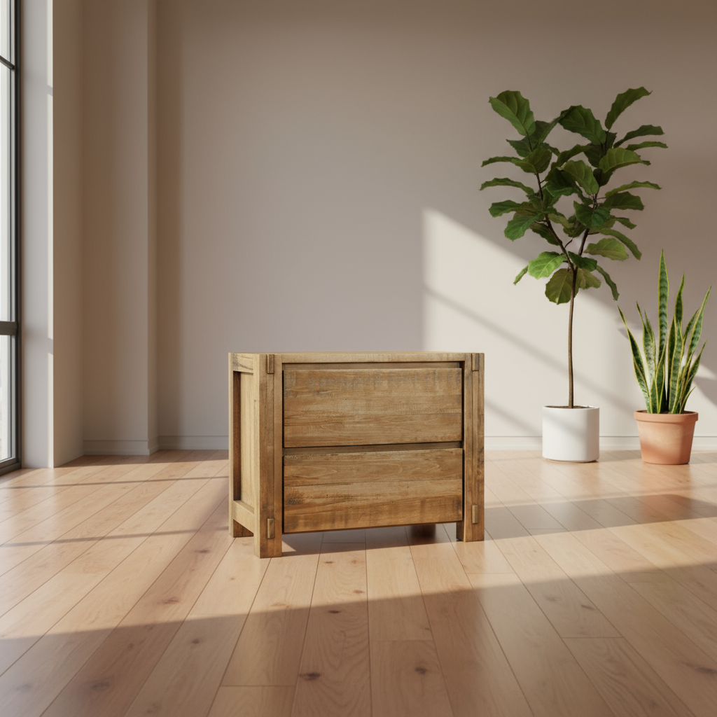 A rustic solid wood nightstand with a light brown hue and visible grain patterns, featuring a closed drawer and an open shelf.
