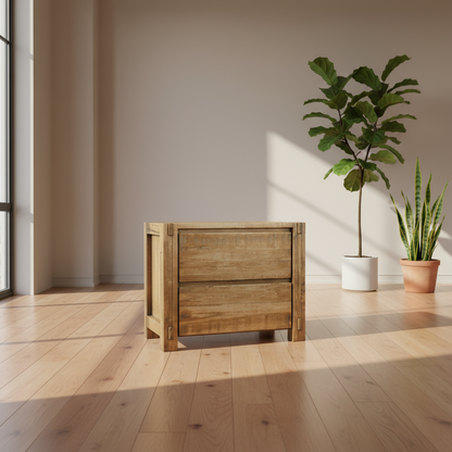 A rustic solid wood nightstand with a light brown hue and visible grain patterns, featuring a closed drawer and an open shelf.