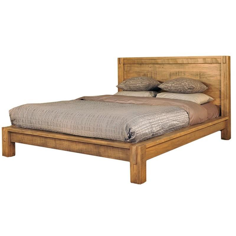 A solid wood platform bed made of wormy maple wood, with a Millsawn surface, in a bedroom setting. The bed is queen-sized with a brown hue and visible grain patterns.