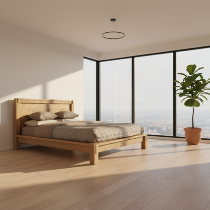 A solid wood platform bed made of wormy maple wood, with a Millsawn surface, in a bedroom setting. The bed is queen-sized with a brown hue and visible grain patterns.