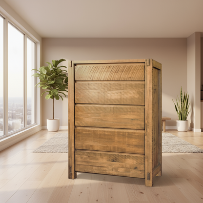A brown solid wood chest with a rustic finish and visible grain patterns.