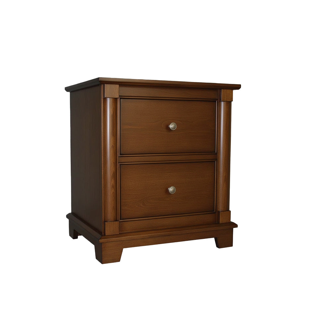 Wooden nightstand with two drawers on a white background