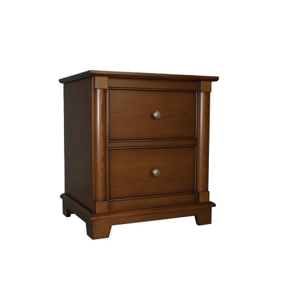 Wooden nightstand with two drawers on a white background