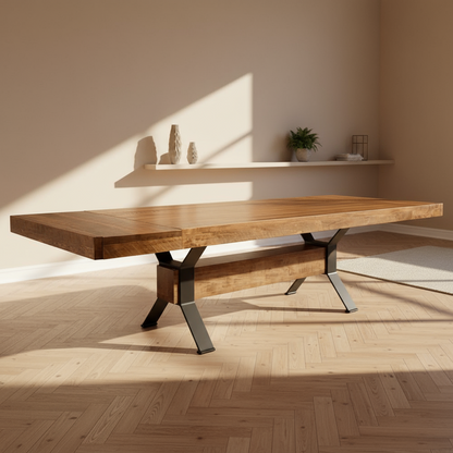 A rectangular dining table with a solid wood top and a metal base with cross supports.