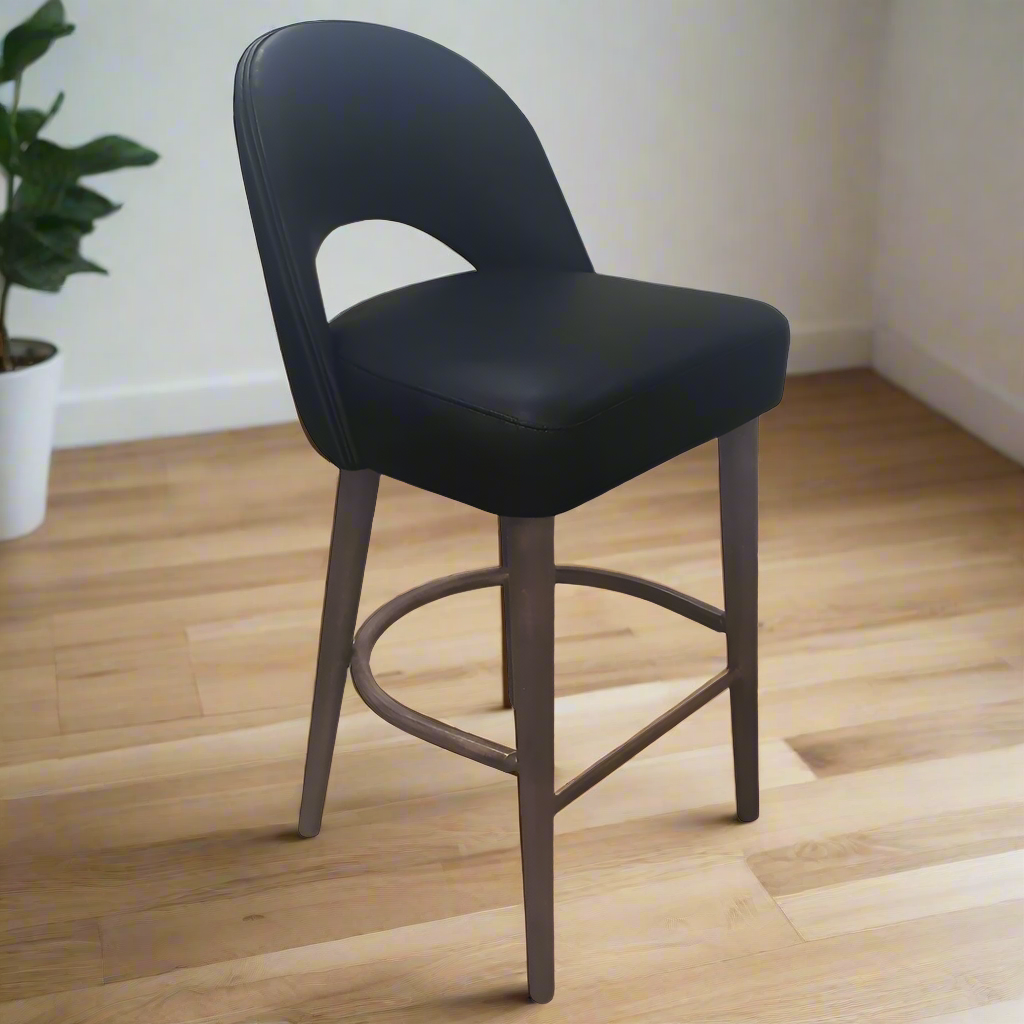 Black bar stool with brown legs on a white background